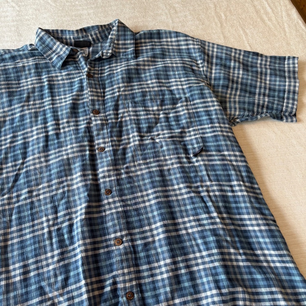 Patagonia Mens XL Blue Plaid Organic Cotton Short Sleeve Button Down Shirt